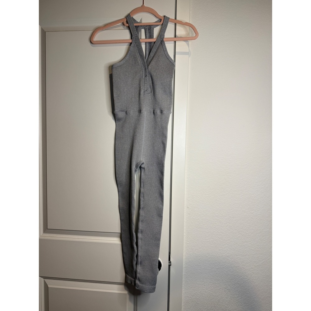 Free People Movement Good Karma Jumpsuit Grey Ribbed Halter Yoga Bodysuit XS/S